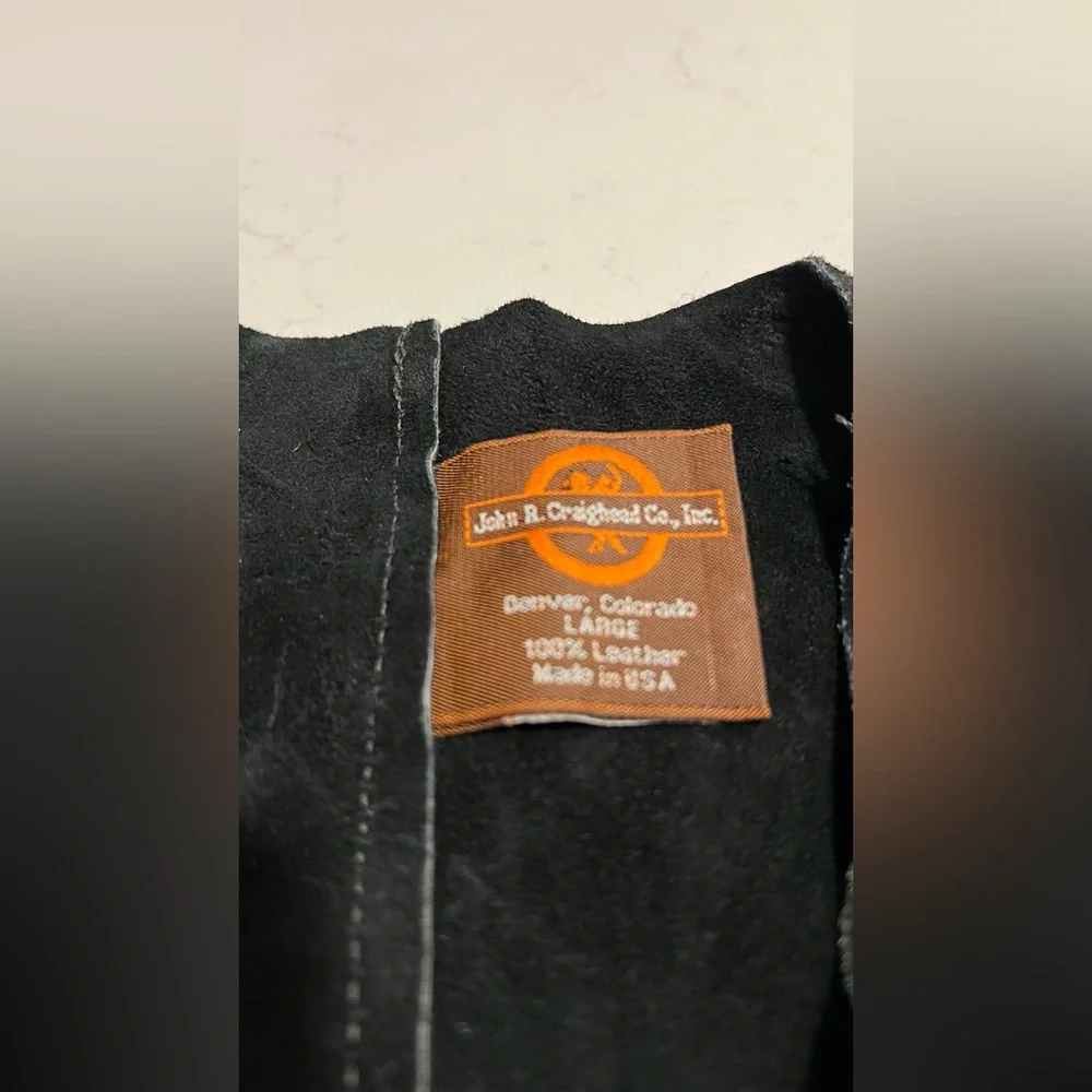 JOHN R. CRAIGHEAD boys leather Black Fringe Vest with Star Pockets size  L